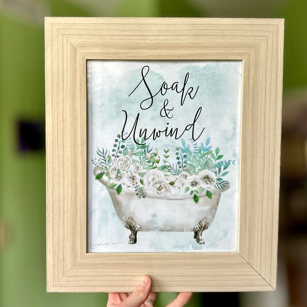 Framed Floral Soak & Unwind Relaxing Bathroom Clawfoot Tub Wall Sign